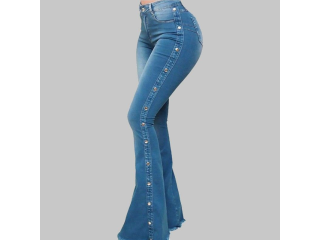 High waist elastic mop flared jeans ladies trousers